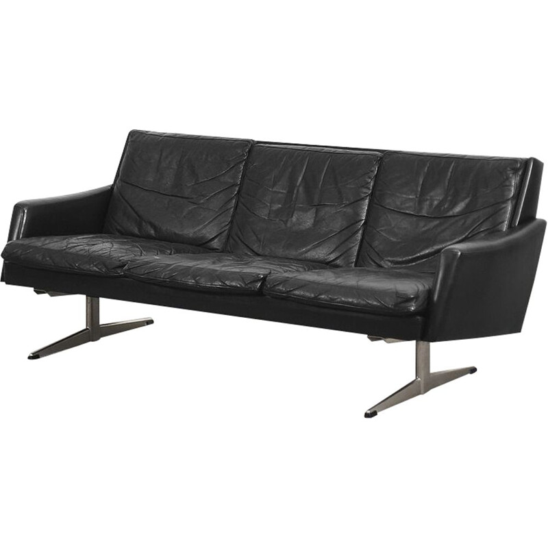 Modernes skandinavisches Vintage-Sofa aus schwarzem Leder, 1960