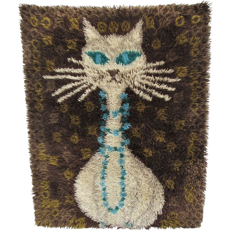 Alfombra de pared Vintage Kilim Rya Cat de Egerich, Dinamarca 1960