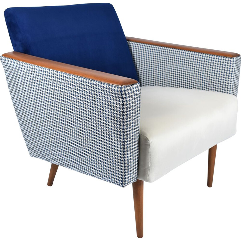 Vintage armchair with pied de poule fabric in beige-blue velvet 1960s