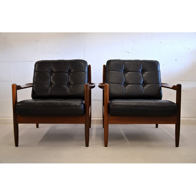 Vintage Modern Scandinavian Leather Black Armchairs