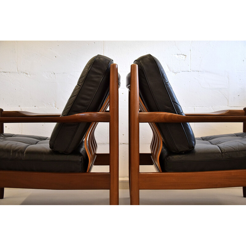 Vintage Modern Scandinavian Leather Black Armchairs