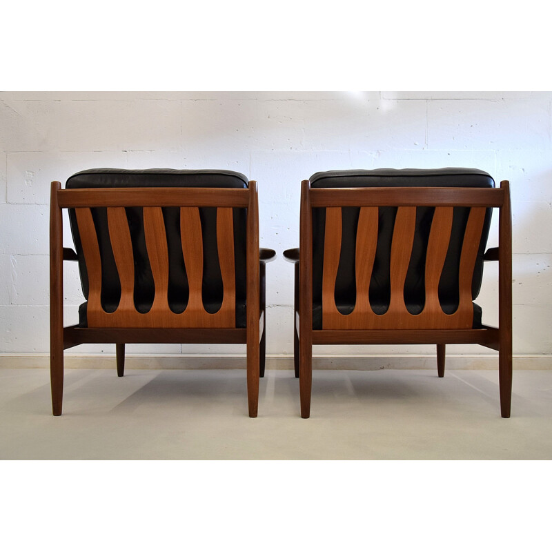 Vintage Modern Scandinavian Leather Black Armchairs