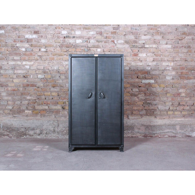 Vintage industrial storage cabinet with 2 brushed steel hinged doors, circa 1950