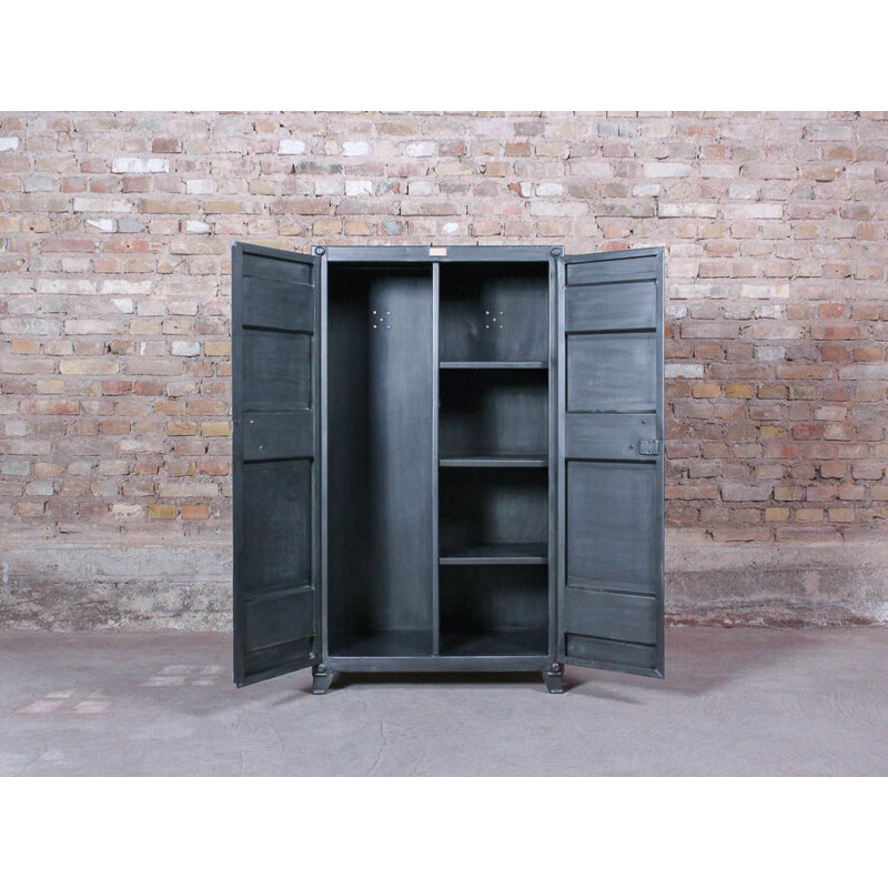 Vintage industrial storage cabinet with 2 brushed steel hinged doors, circa 1950