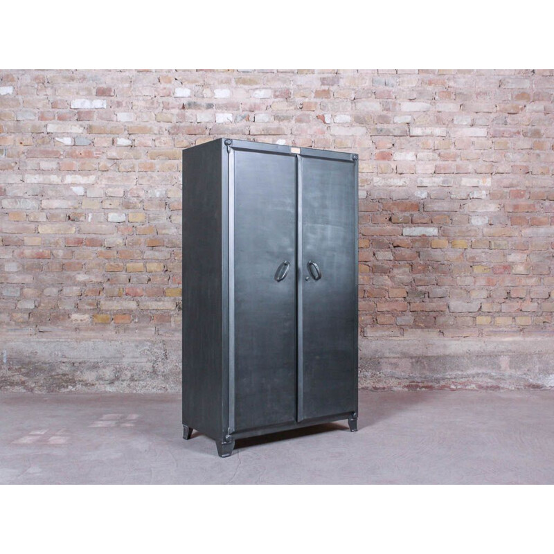 Vintage industrial storage cabinet with 2 brushed steel hinged doors, circa 1950