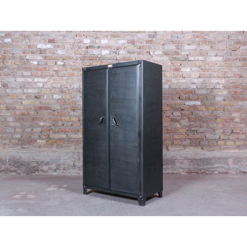 Vintage industrial storage cabinet with 2 brushed steel hinged doors, circa 1950