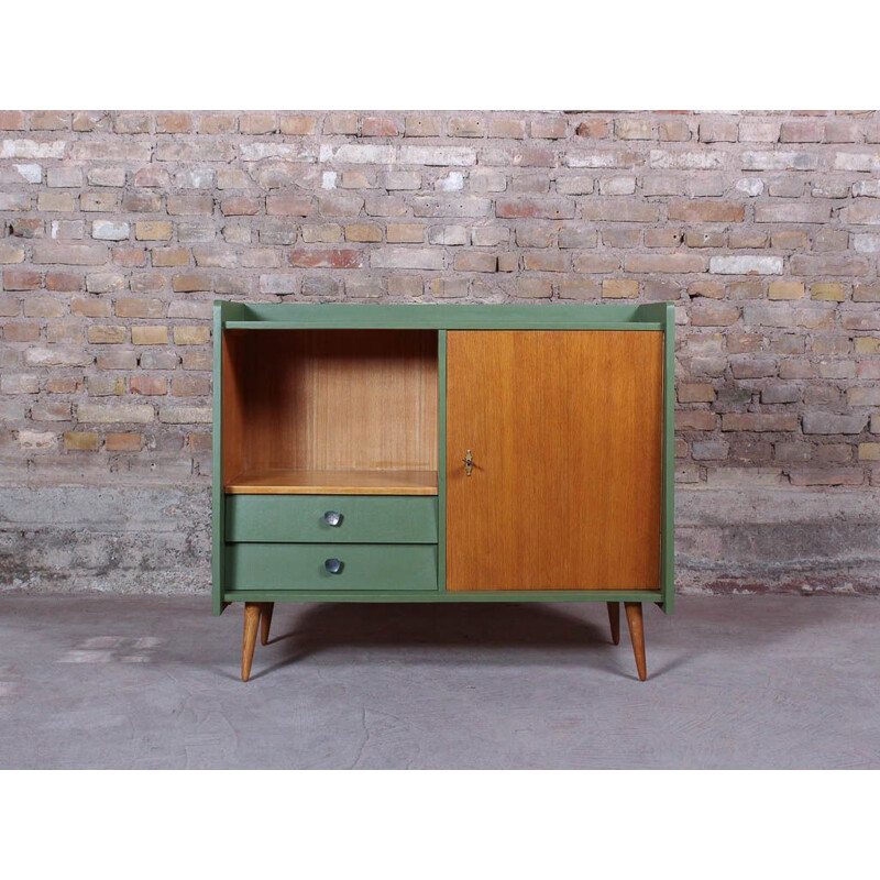 Vintage sideboard on compass feet, wood and green 1950