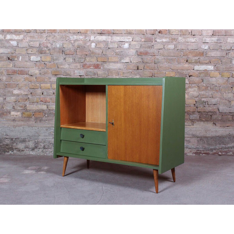 Vintage sideboard on compass feet, wood and green 1950