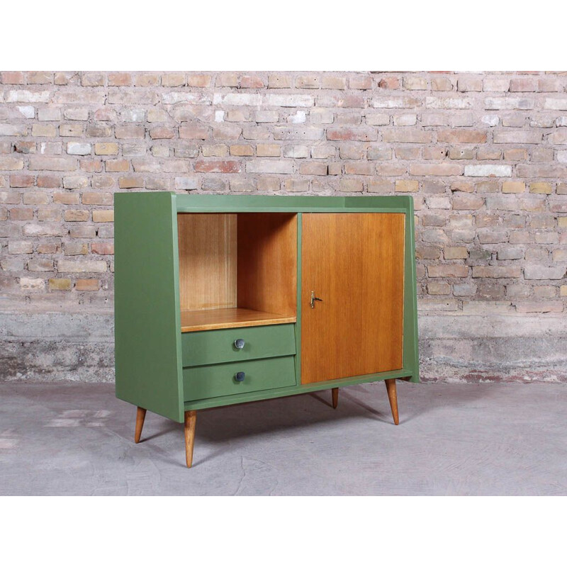 Vintage sideboard on compass feet, wood and green 1950
