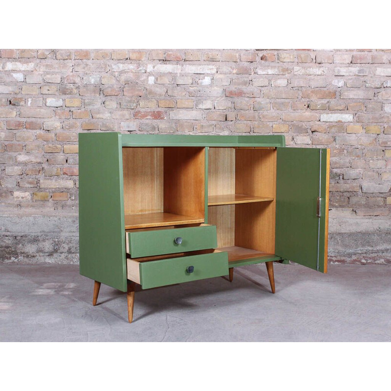 Vintage sideboard on compass feet, wood and green 1950