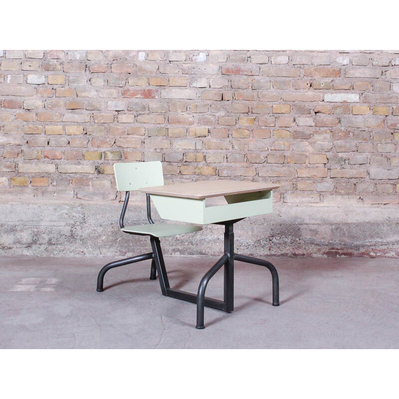 School desk with brushed steel feet and oak tray, adjustable in height, circa 1950