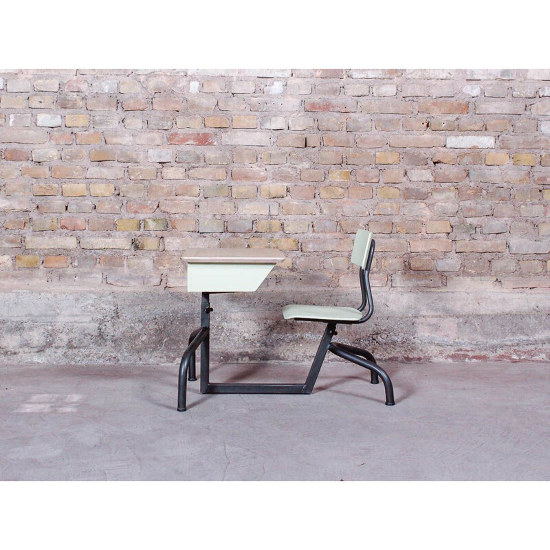 School desk with brushed steel feet and oak tray, adjustable in height, circa 1950