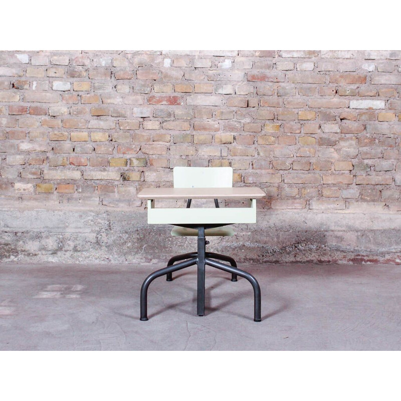 School desk with brushed steel feet and oak tray, adjustable in height, circa 1950