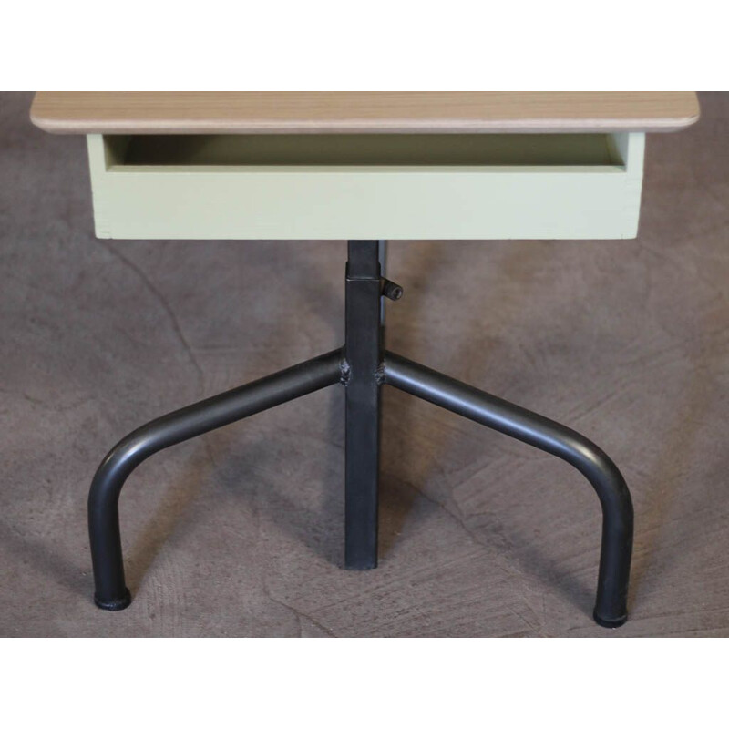 School desk with brushed steel feet and oak tray, adjustable in height, circa 1950