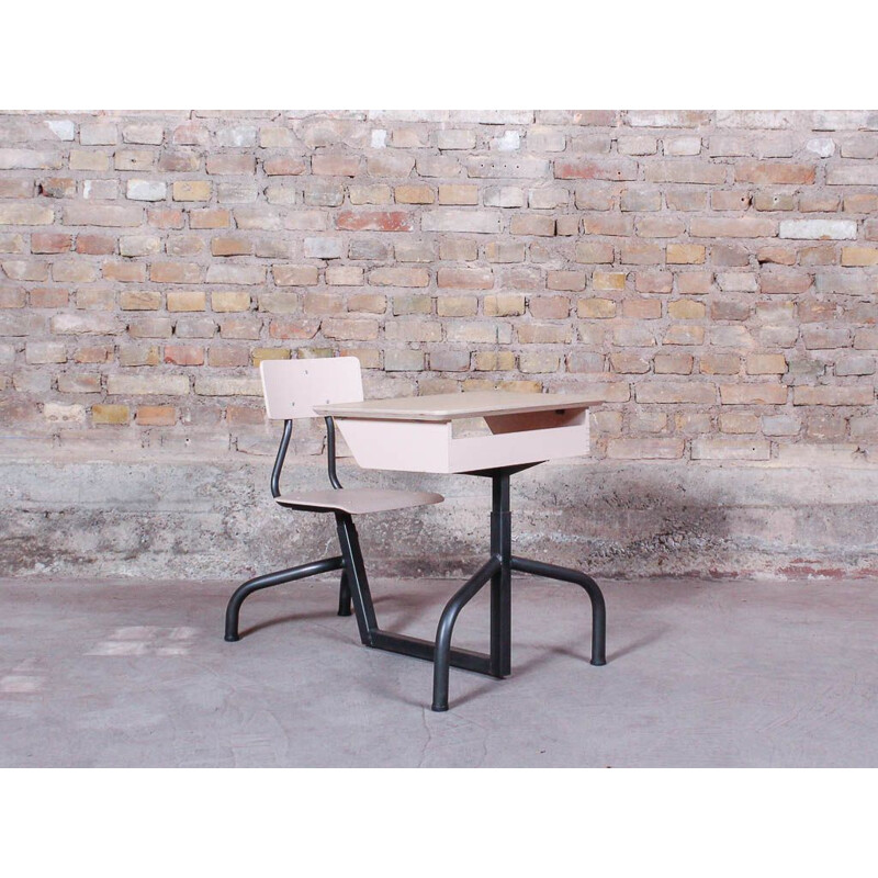 School desk with brushed steel legs and oak top, adjustable in height, circa 1950