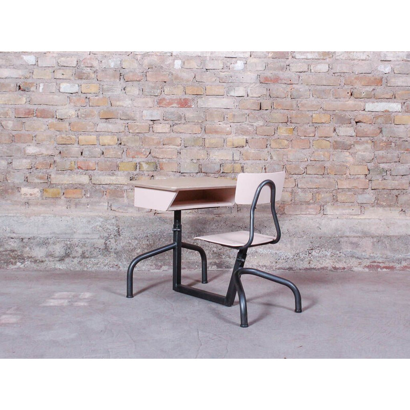 School desk with brushed steel legs and oak top, adjustable in height, circa 1950