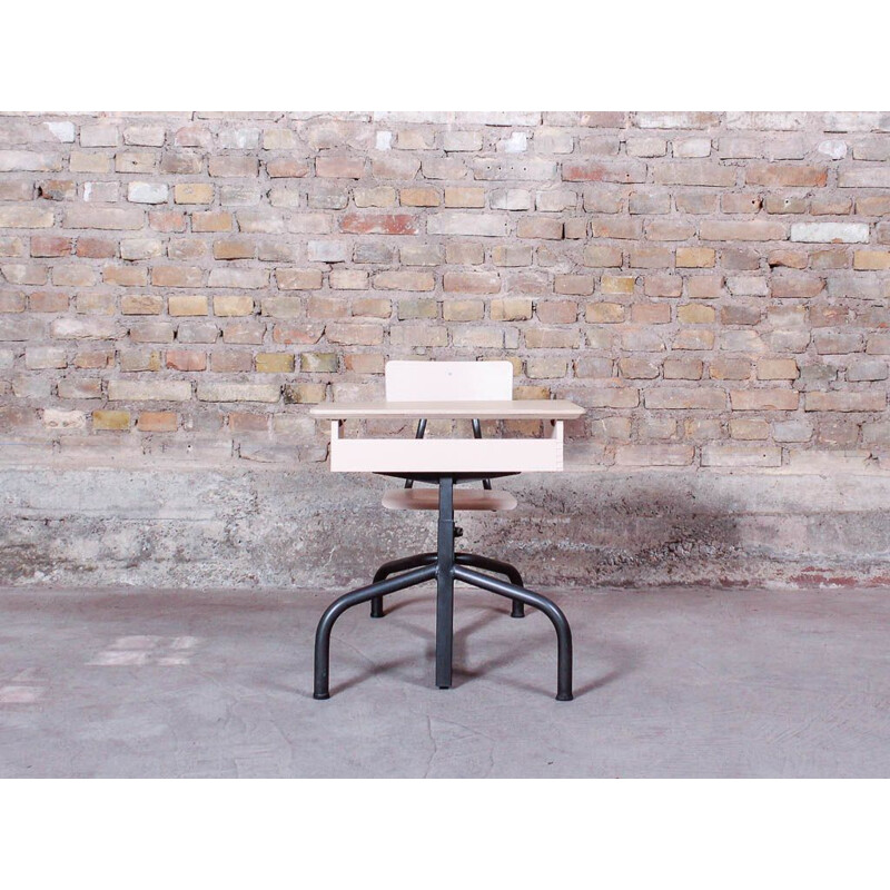 School desk with brushed steel legs and oak top, adjustable in height, circa 1950