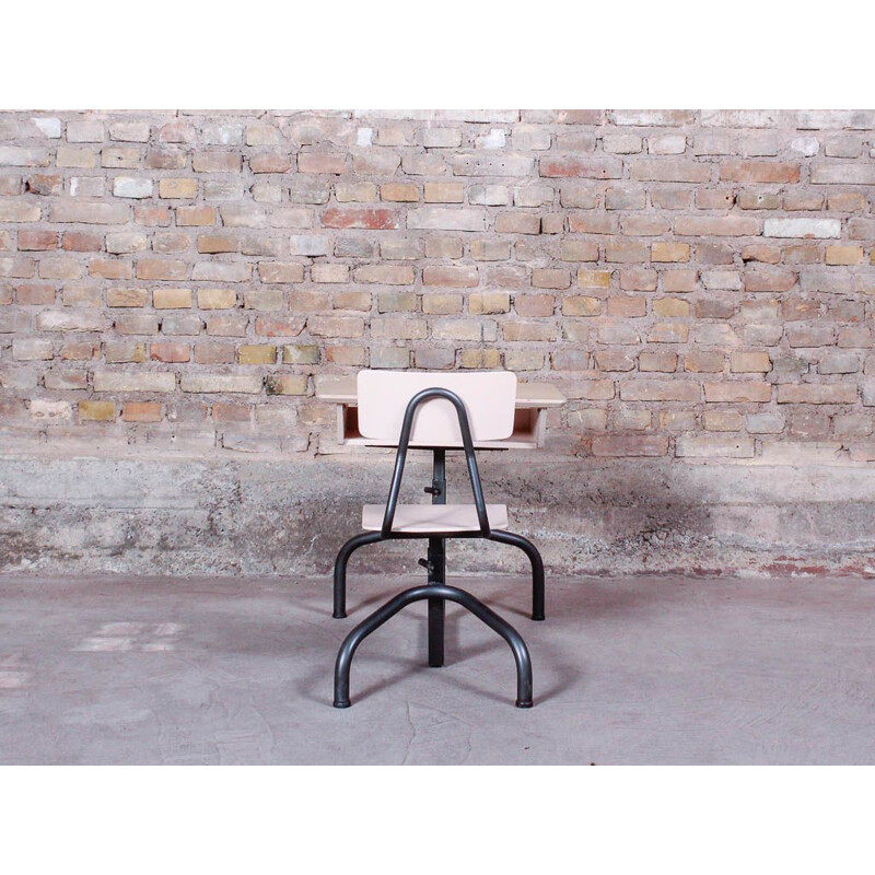 School desk with brushed steel legs and oak top, adjustable in height, circa 1950