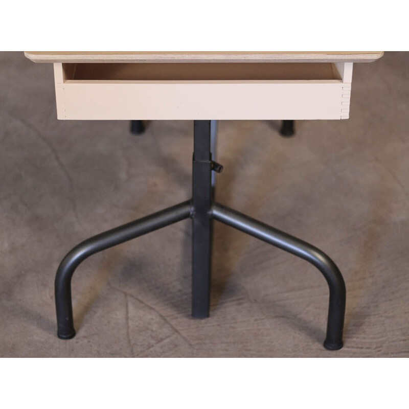 School desk with brushed steel legs and oak top, adjustable in height, circa 1950