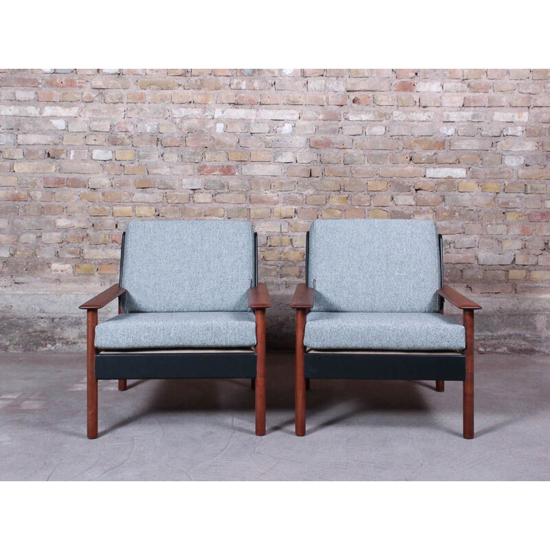 Pair of vintage Scandinavian armchairs in solid wood, imitation leather and grey heathered kvadrat fabric, circa 1960