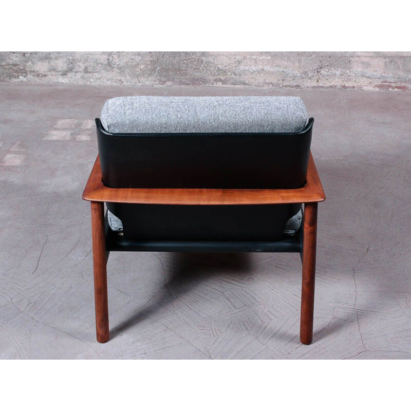 Pair of vintage Scandinavian armchairs in solid wood, imitation leather and grey heathered kvadrat fabric, circa 1960