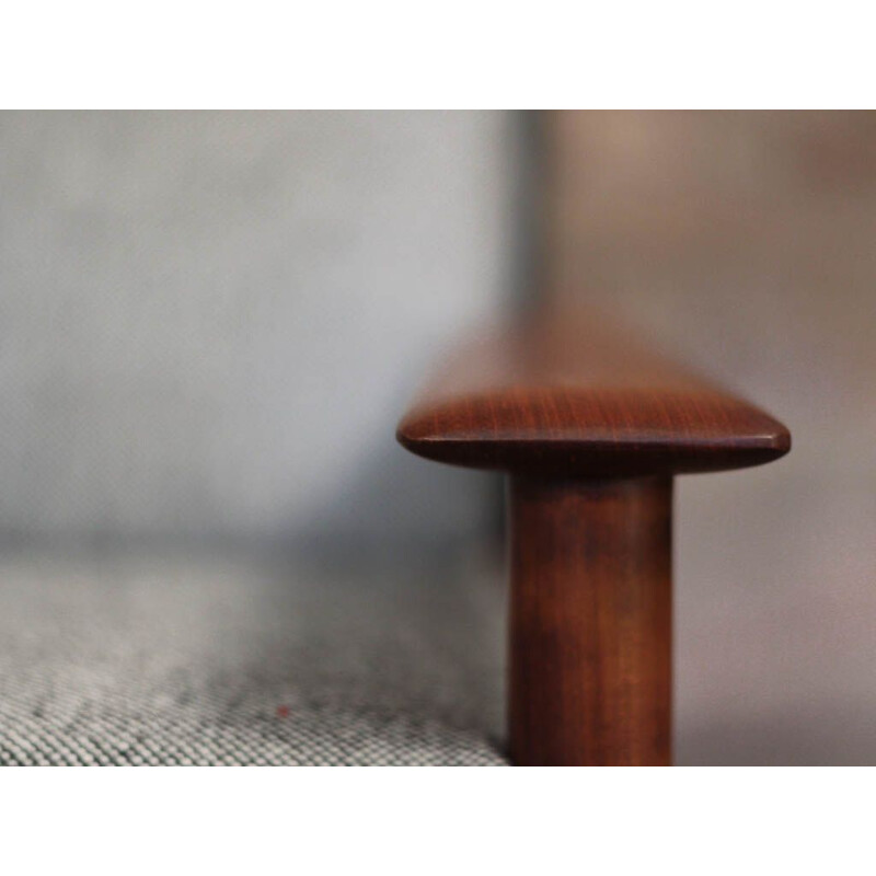 Pair of vintage Scandinavian armchairs in solid wood, imitation leather and grey heathered kvadrat fabric, circa 1960