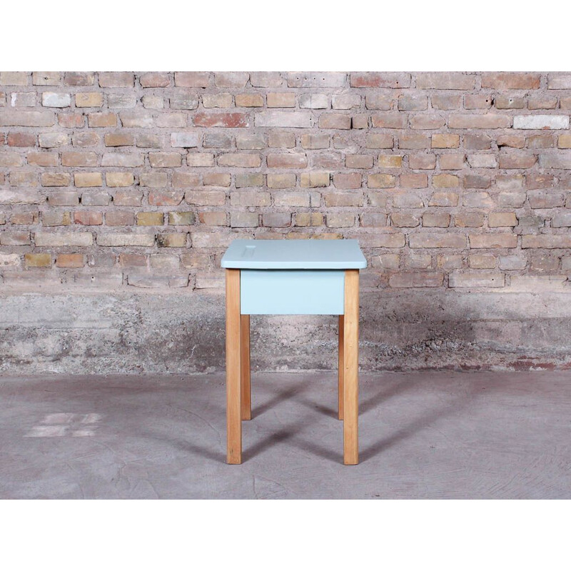 Small vintage school desk in solid wood, light blue relooked