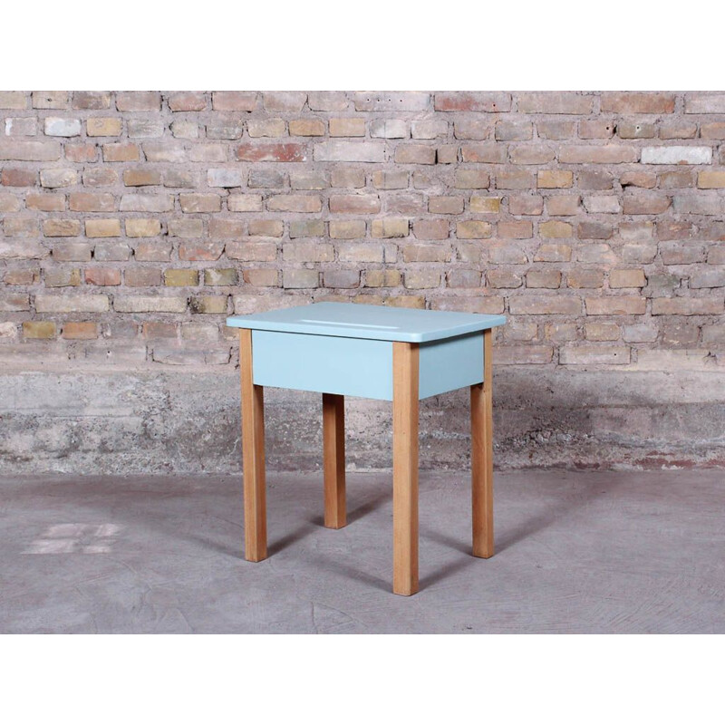 Small vintage school desk in solid wood, light blue relooked