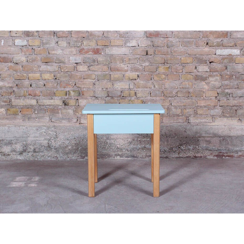 Small vintage school desk in solid wood, light blue relooked