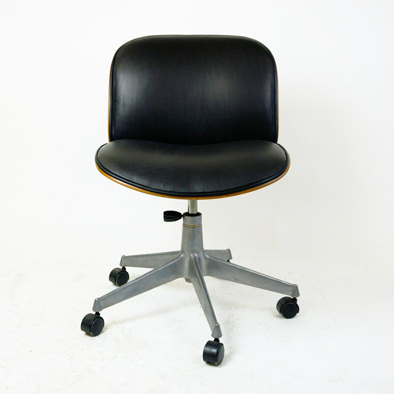 Vintage Italian Black Leather and Oak Office Chair by Ico Parisi for MIM