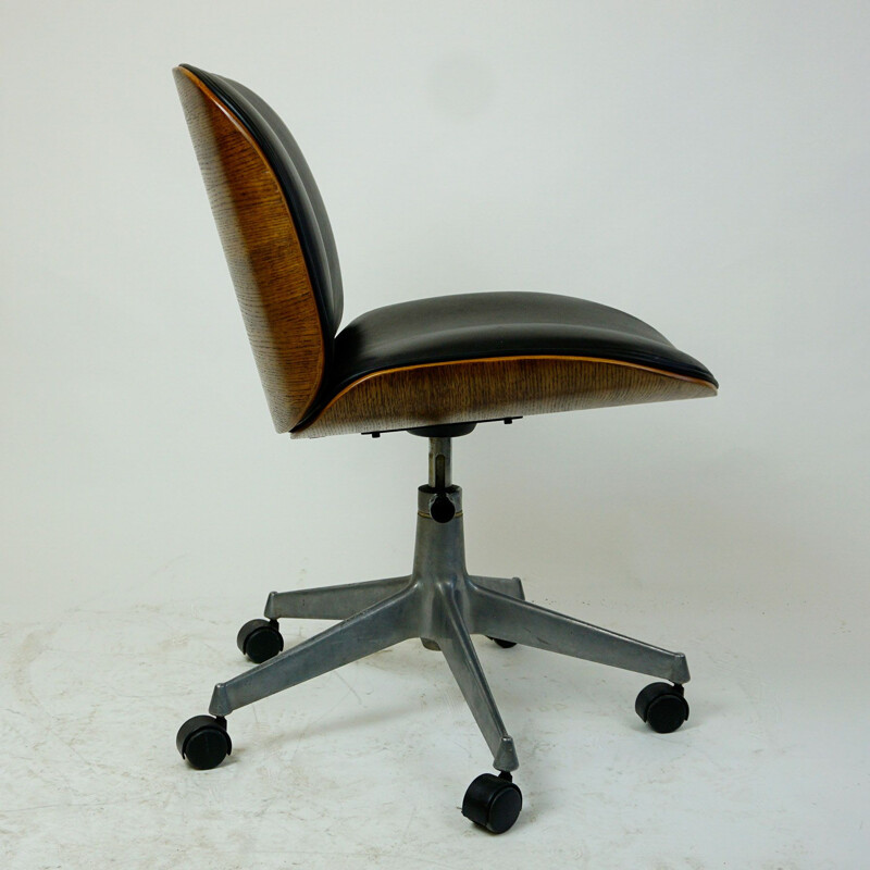 Vintage Italian Black Leather and Oak Office Chair by Ico Parisi for MIM