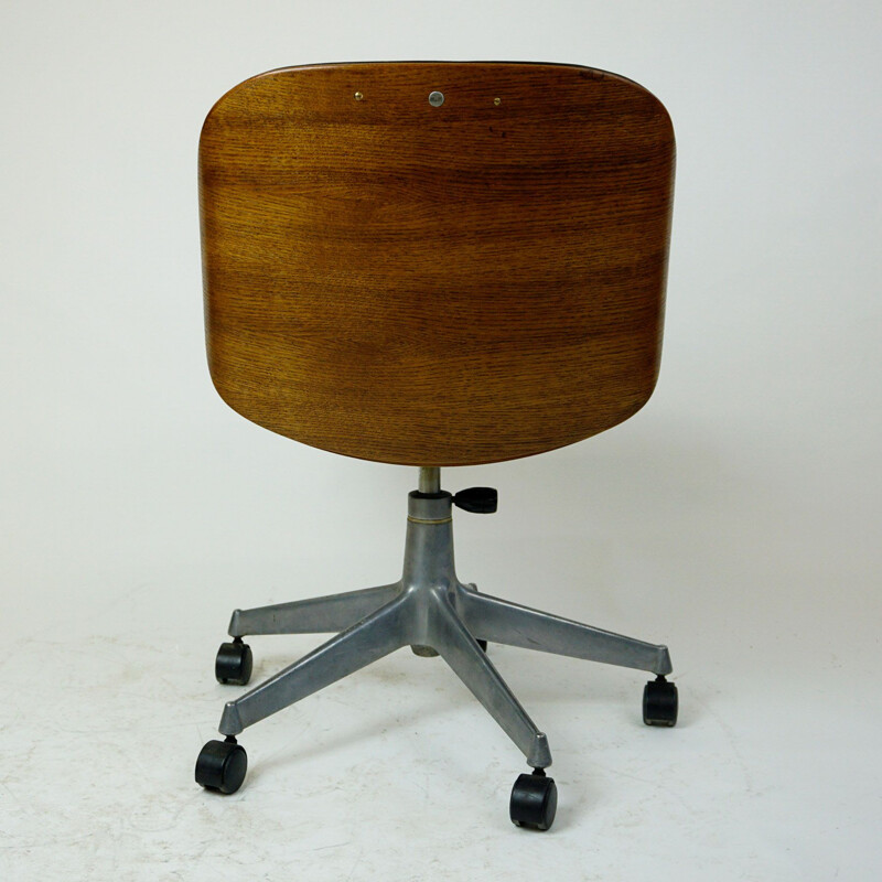 Vintage Italian Black Leather and Oak Office Chair by Ico Parisi for MIM