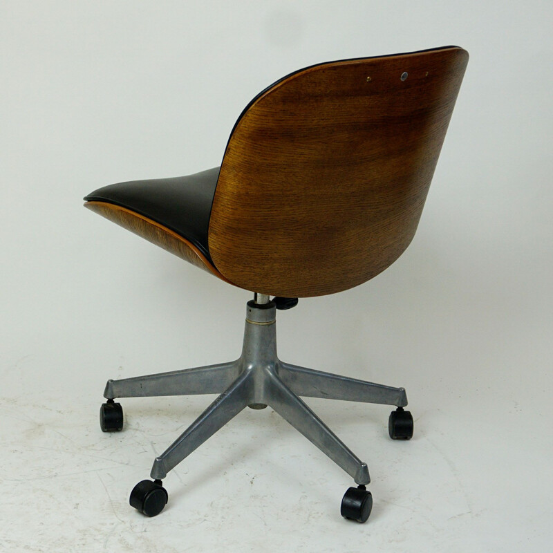 Vintage Italian Black Leather and Oak Office Chair by Ico Parisi for MIM