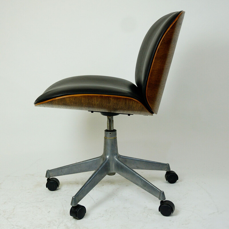 Vintage Italian Black Leather and Oak Office Chair by Ico Parisi for MIM