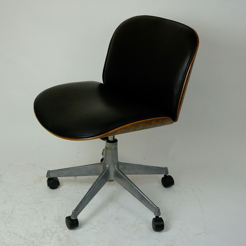 Vintage Italian Black Leather and Oak Office Chair by Ico Parisi for MIM