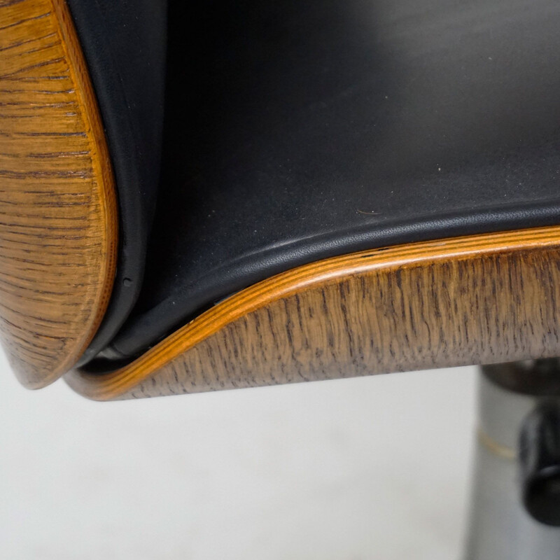 Vintage Italian Black Leather and Oak Office Chair by Ico Parisi for MIM