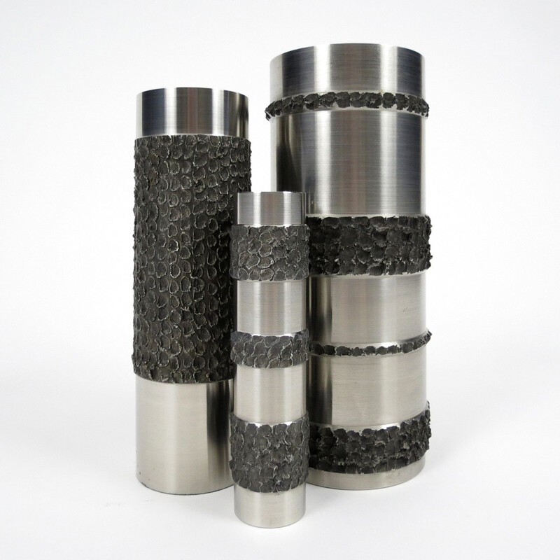 Vintage Set of 3 German brutalist steel vases, 1970s