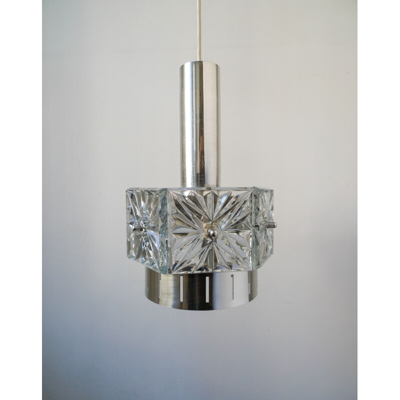 Vintage Crystal Glass & Chrome Pendant Light by VEB Kristalleuchte Ebersbach, 1960s