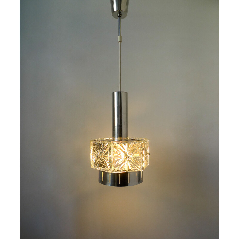 Vintage Crystal Glass & Chrome Pendant Light by VEB Kristalleuchte Ebersbach, 1960s