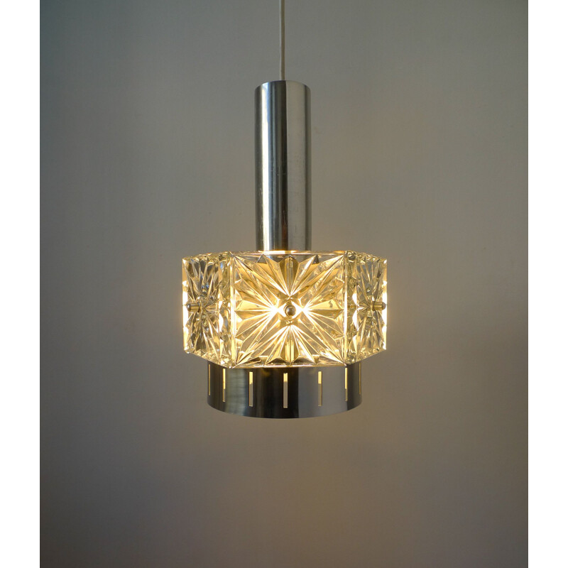 Vintage Crystal Glass & Chrome Pendant Light by VEB Kristalleuchte Ebersbach, 1960s