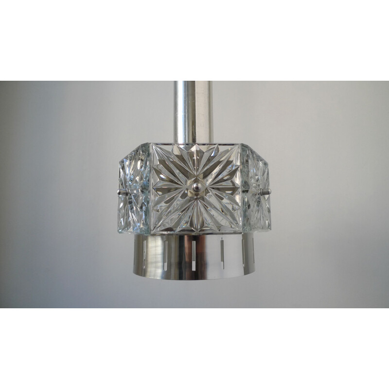 Vintage Crystal Glass & Chrome Pendant Light by VEB Kristalleuchte Ebersbach, 1960s