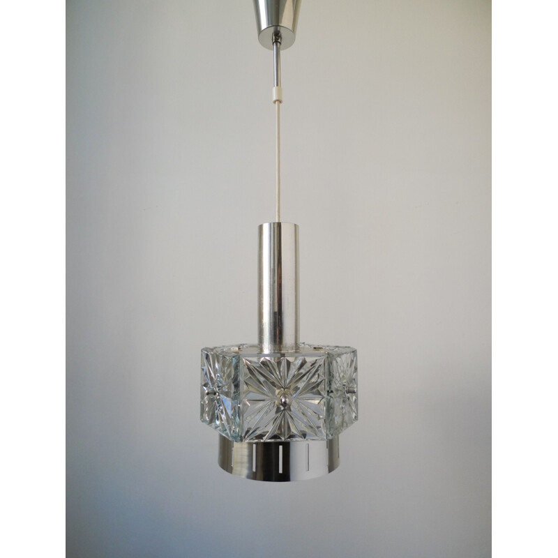 Vintage Crystal Glass & Chrome Pendant Light by VEB Kristalleuchte Ebersbach, 1960s