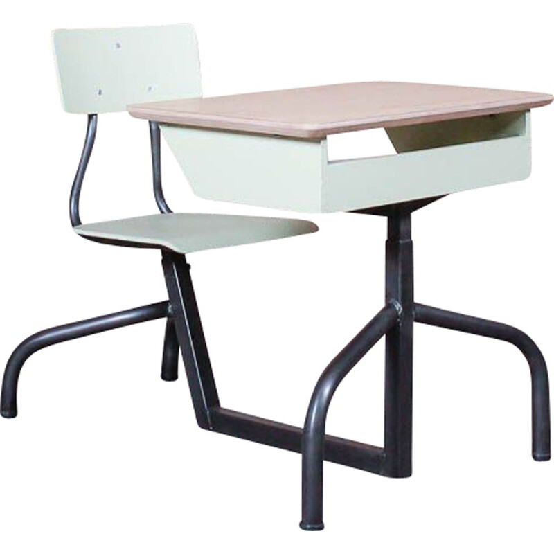 School desk with brushed steel feet and oak tray, adjustable in height, circa 1950