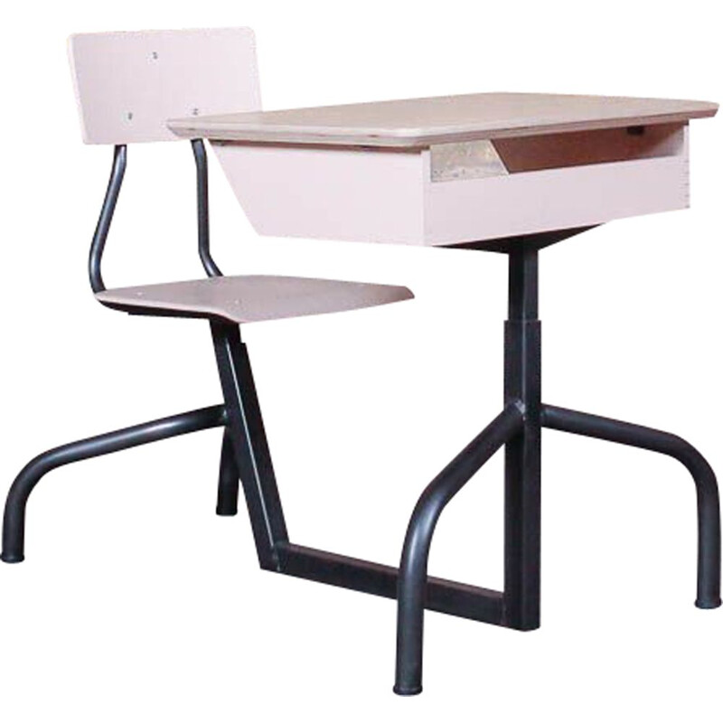 School desk with brushed steel legs and oak top, adjustable in height, circa 1950