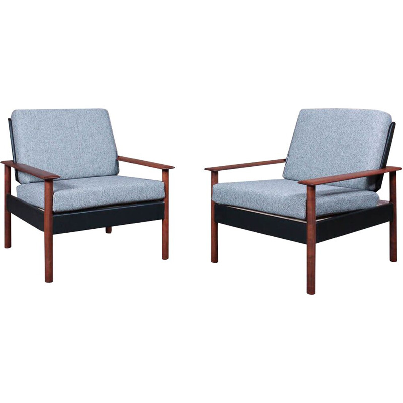 Paire de fauteuils scandinave vintage en bois massif, simili cuir et tissus gris chinés kvadrat, circa 1960