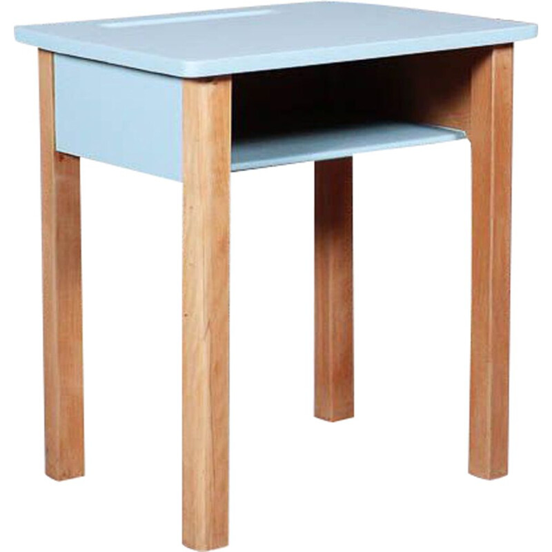 Small vintage school desk in solid wood, light blue relooked