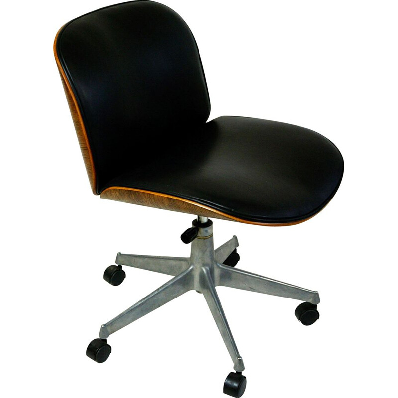 Chaise de bureau vintage italienne en cuir noir et chêne par Ico Parisi pour le MIM