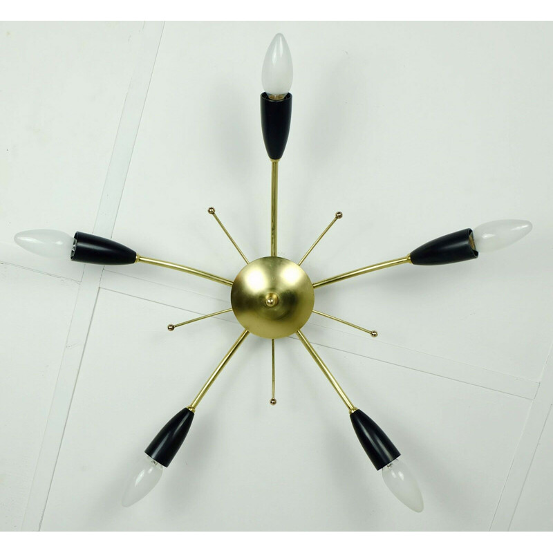 Vintage  sputnik spider chandelier brass metal plastic by stilnovo 1950