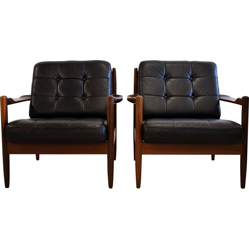 Vintage Modern Scandinavian Leather Black Armchairs