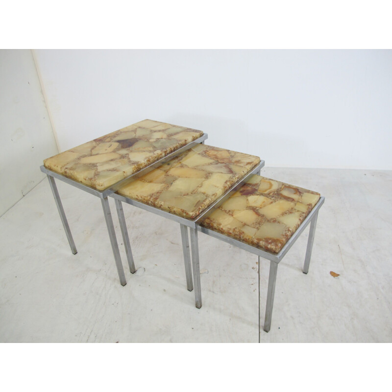 Vintage Hollywood Regency Chrome and Marble Nesting Tables, 1960s